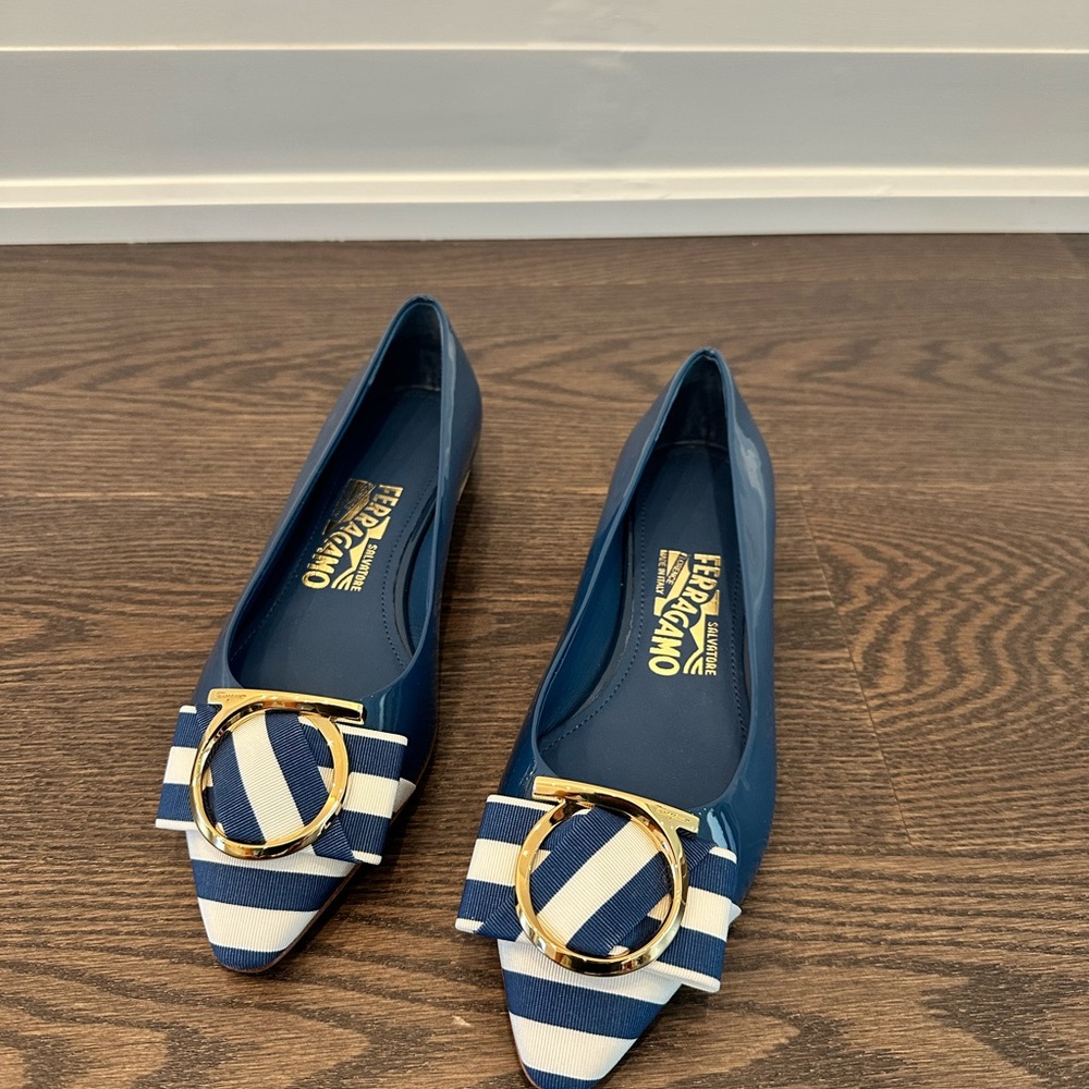 Salvatore Ferragamo Navy and White Striped Flats